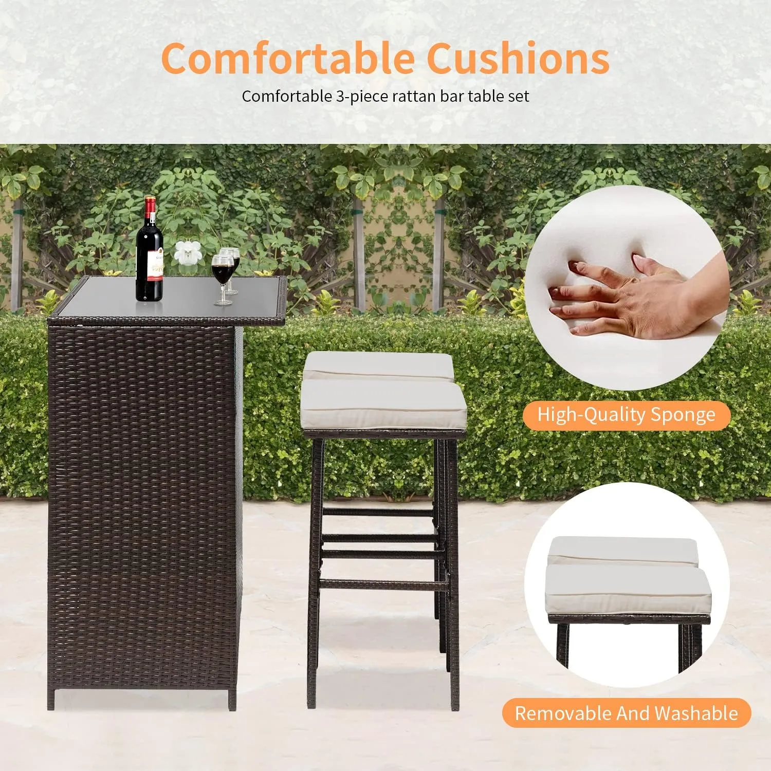 3 Piece Patio Outdoor Rattan Conversation Set Chairs and Table