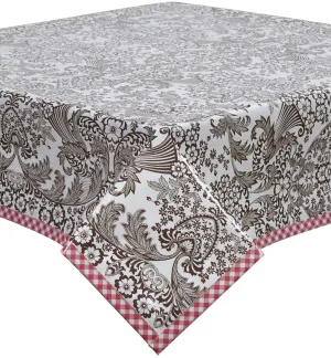 48 x 62 Toile Brown Oilcloth Tablecloth with Pink Gingham Trim