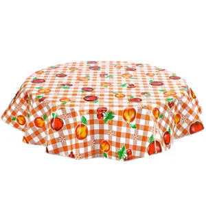 60" Round Oilcloth Tablecloth in Gingham and Fruit Orange