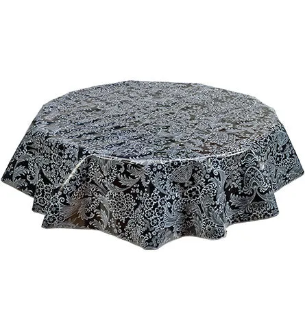 90" Round Oilcloth Tablecloth in Toile White on Black