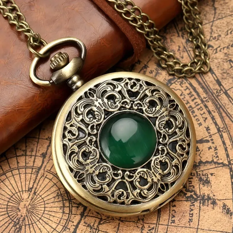 Antique Bronze Green Stone Pocketwatch Cosplay