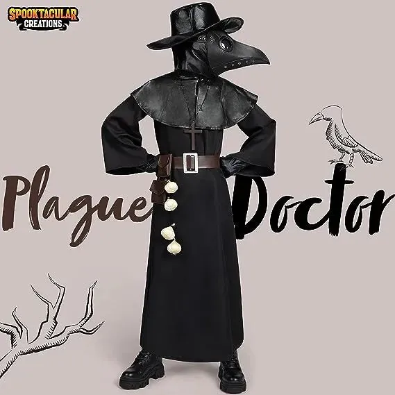 Black Plague Doctor Costumes Set, 10 in 1 Halloween Beak Mask Plague