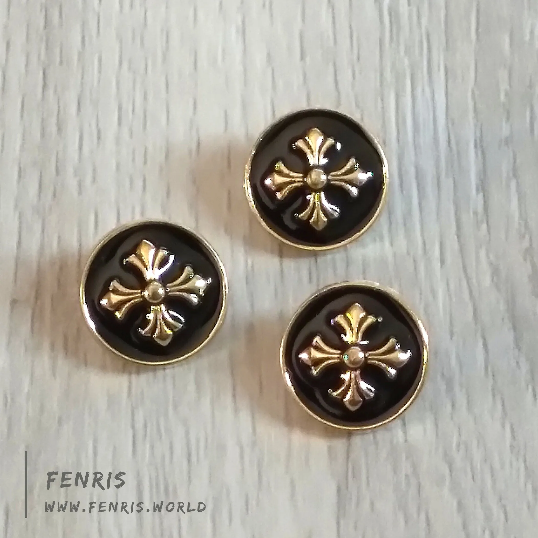 Buttons Gold Metal Black Enamel Gothic Cross