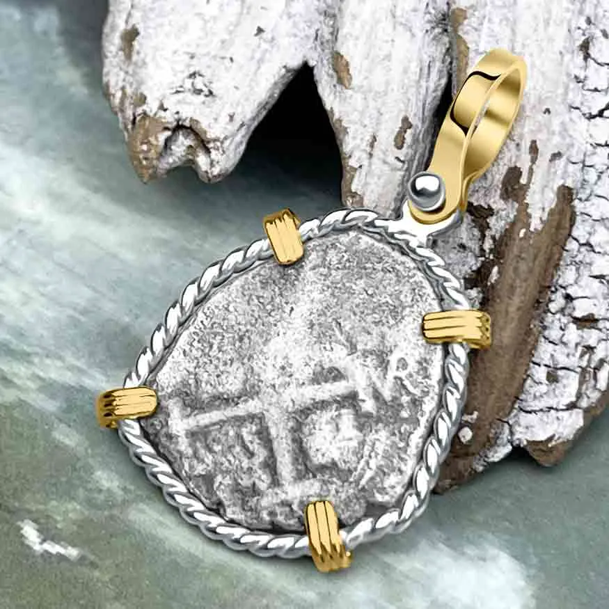 Dated 1715 Fleet Golden Age of Piracy Shipwreck Spanish 1 Reale "Piece of 8" 14K Gold and Sterling Silver Pendant | Artifact # 8624