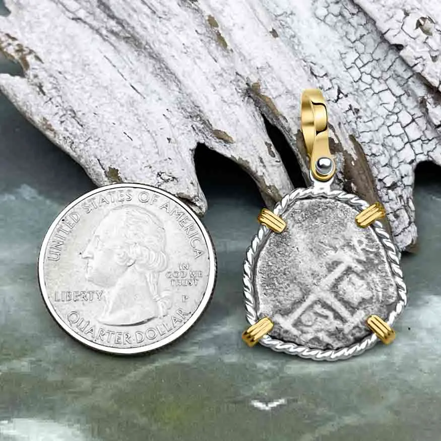 Dated 1715 Fleet Golden Age of Piracy Shipwreck Spanish 1 Reale "Piece of 8" 14K Gold and Sterling Silver Pendant | Artifact # 8624