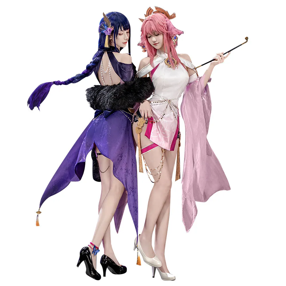 DokiDoki-SR Game Genshin Impact Cosplay Raiden Shogun / Yae Miko Costume Flowing Lights Doujin Cheongsam Qipao