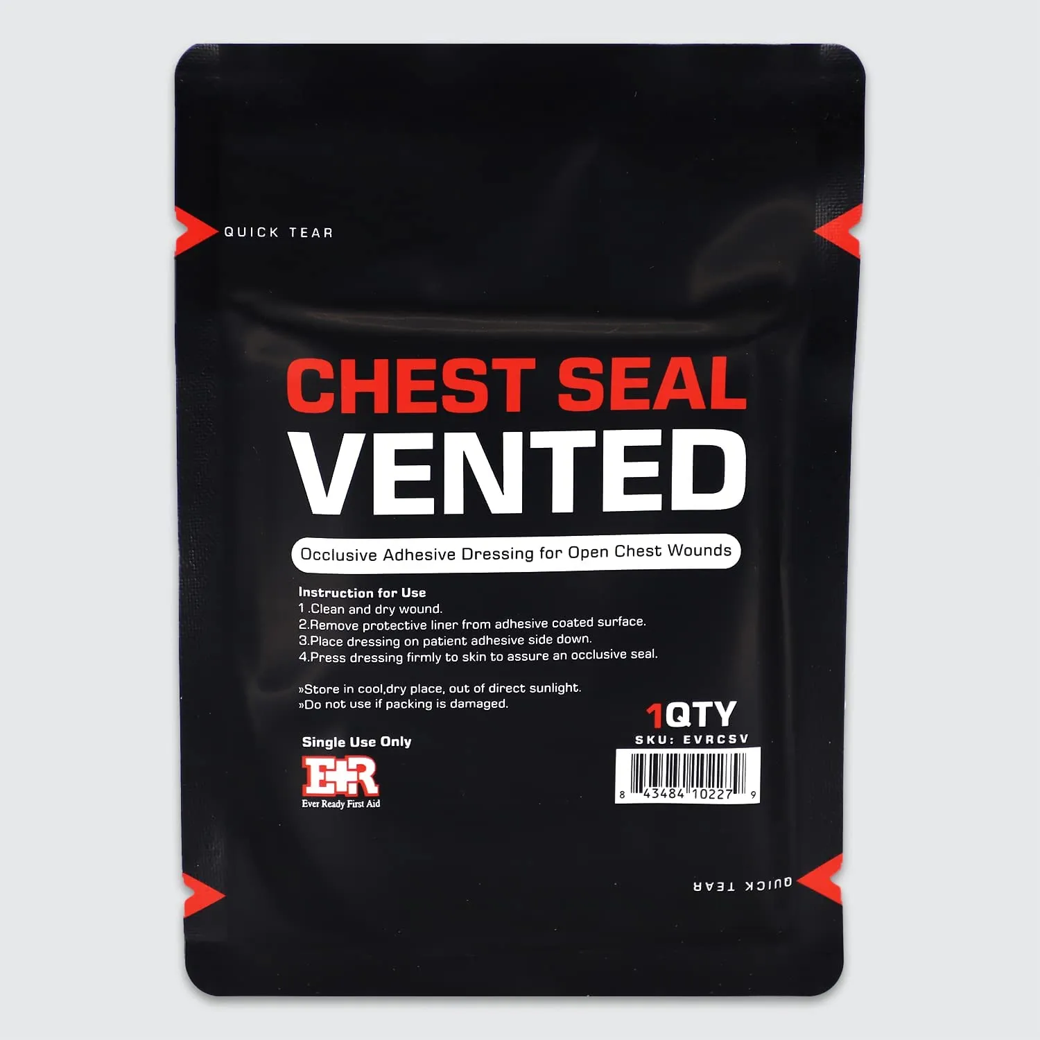 Ever Ready First Aid Vented Chest Seal with Quick Tear - 6.6” Square Occlusive Adhesive Dressing for Open Chest Wounds