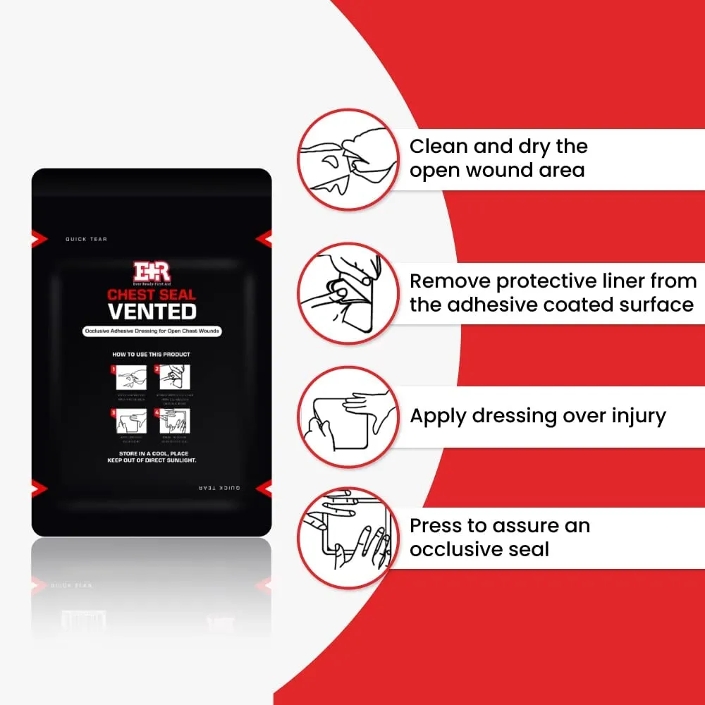 Ever Ready First Aid Vented Chest Seal with Quick Tear - 6.6” Square Occlusive Adhesive Dressing for Open Chest Wounds