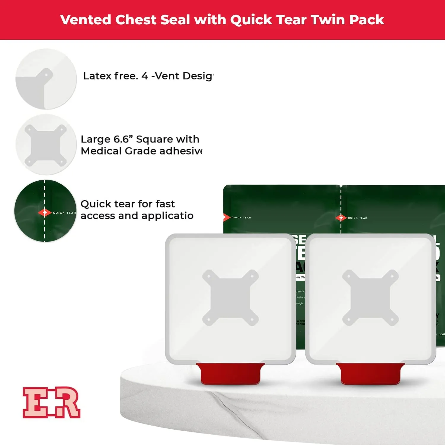 Ever Ready First Aid Vented Chest Seal with Quick Tear Twin Pack- 6.6” Square Occlusive Adhesive Dressing for Open Chest Wounds