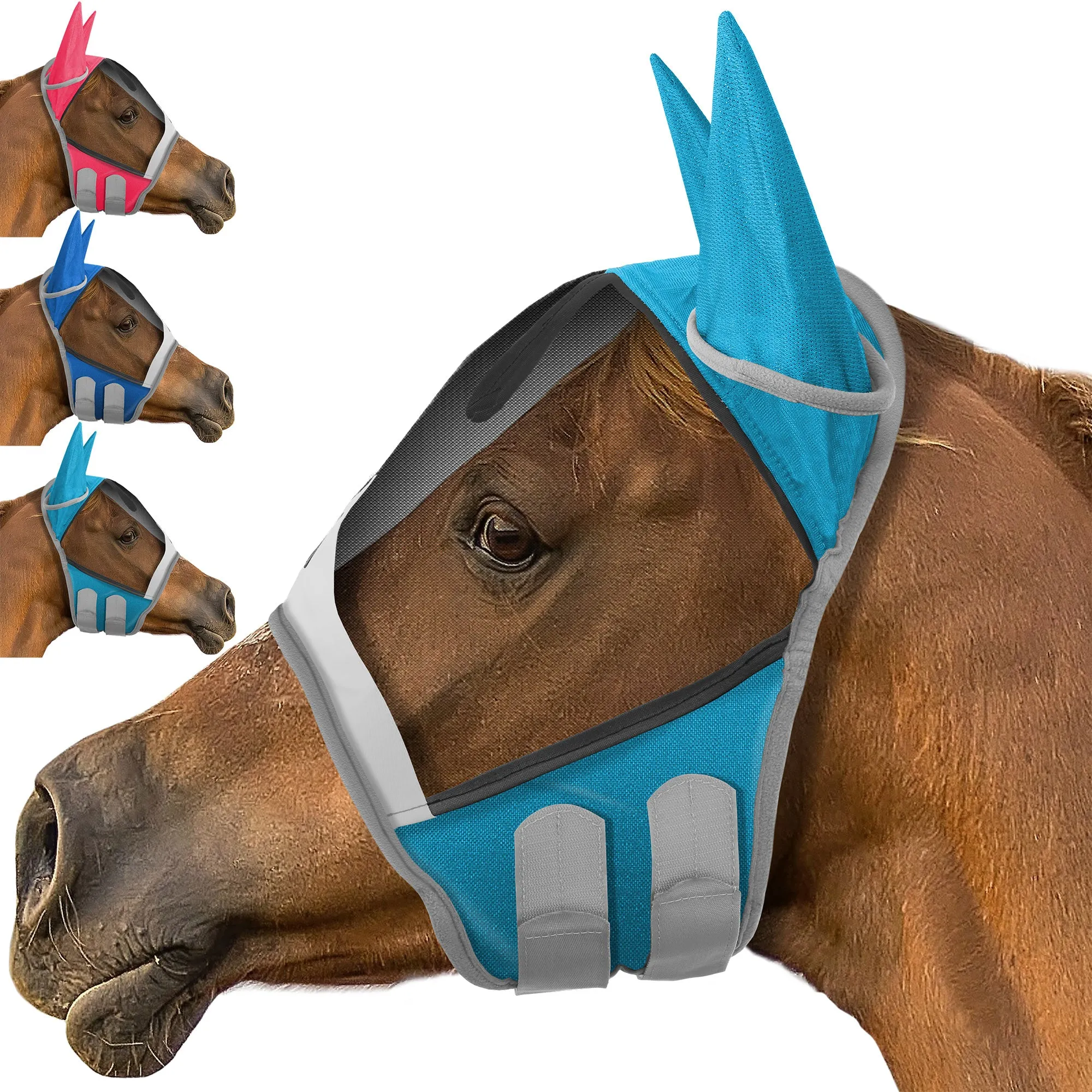 Horse Equine Fly Mask with Ear Protection - Fleece Padding, Fine Mesh