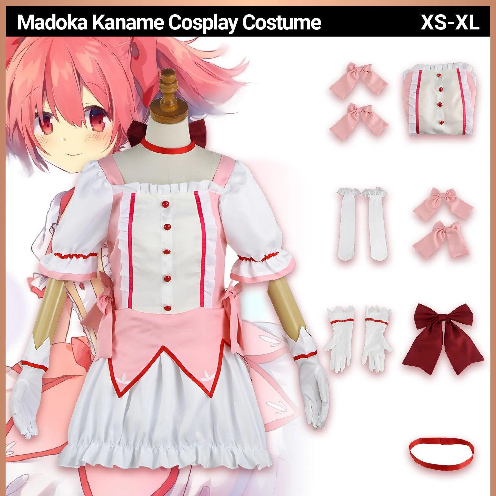 Madoka Magica Kaname Cosplay Costume Pink Dress