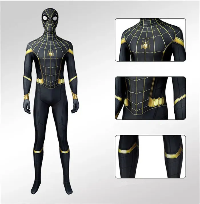 Marvel Spider-Man 3: No Way Home Peter Parker Black and Gold Zentai Suit Jumpsuit Halloween Cosplay Costume