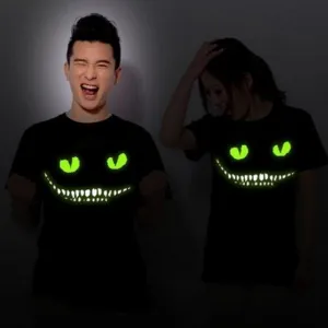 Mr.Kooky Black Noctilucent Print Dark Devil Cheshire Cat Night Light Short Sleeve Men's Women's Novelty Funny Luminous T-shirt