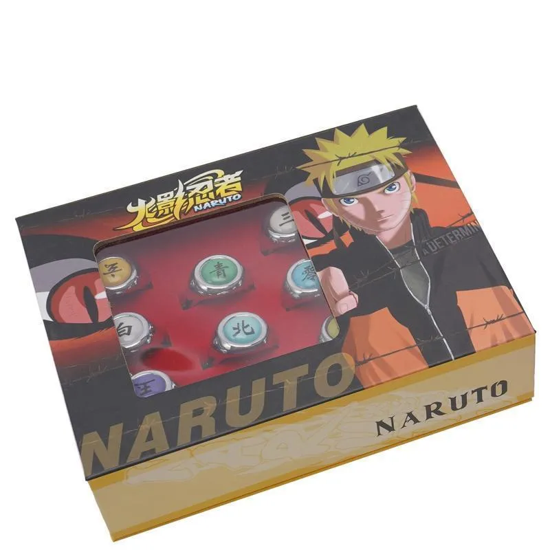 Naruto Akatsuki Rings Set 10pcs With Chain Cosplay Itachi Sharingan Box Anime