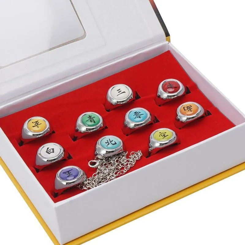 Naruto Akatsuki Rings Set 10pcs With Chain Cosplay Itachi Sharingan Box Anime