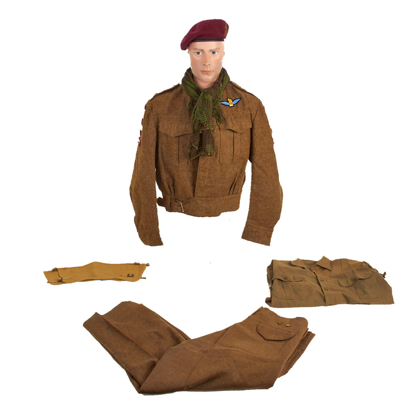 Original British WWII Airborne Royal Artillery P-40 “Battledress” Uniform Set - Beret, Tunic, Shirt, Trousers, Gaiters and Scrim