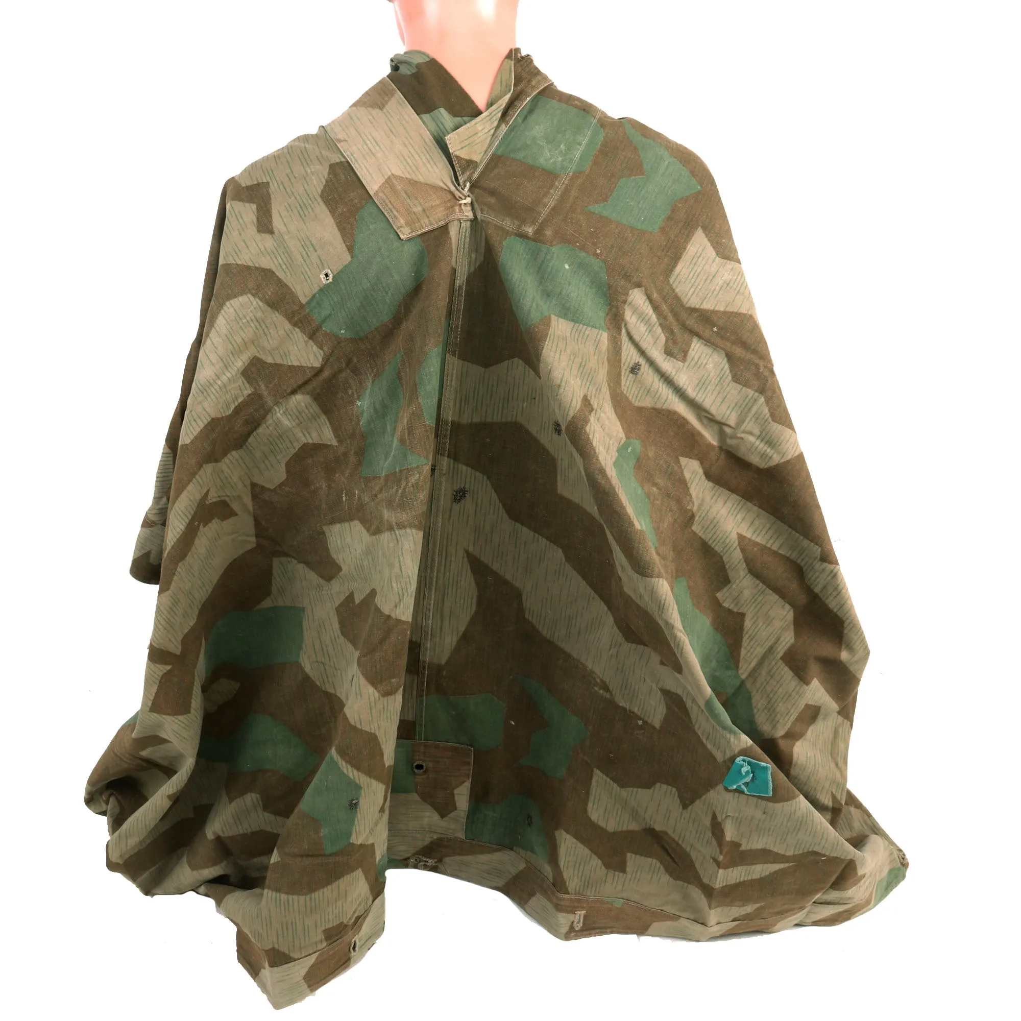 Original German WWII 1941 Dated Service Used Zeltbahn Tent Quarter & Poncho in Splinter Camouflage by Weber & Ott with (2) Carry Straps