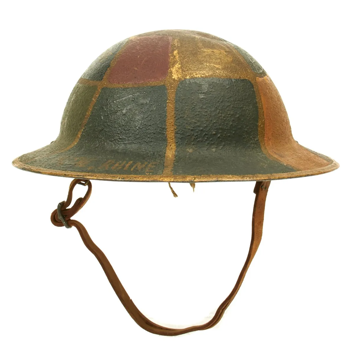 Original U.S. WWI AEF 4th Infantry Division 11th Machine Gun Battalion Trench Art Camouflage Helmet