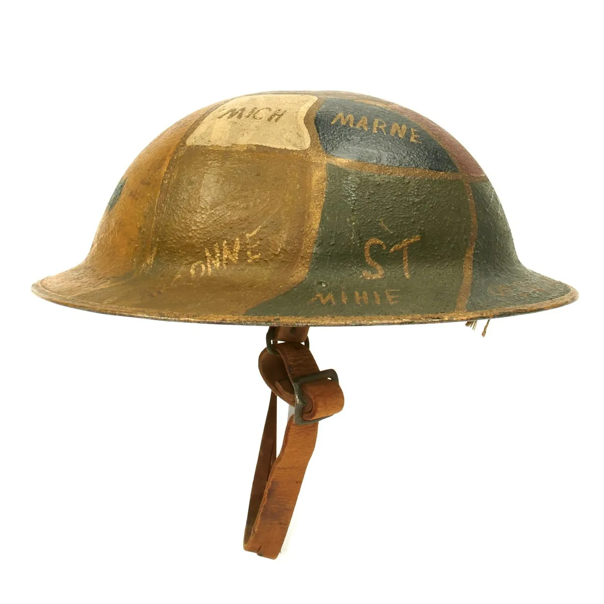 Original U.S. WWI AEF 4th Infantry Division 11th Machine Gun Battalion Trench Art Camouflage Helmet