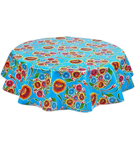 Round Oilcloth Tablecloth in Bloom Light Blue