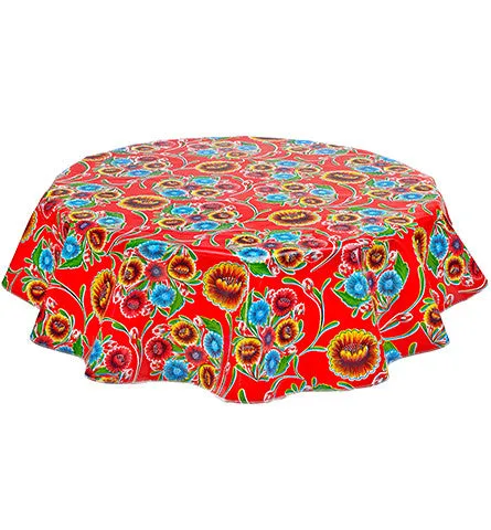 Round Oilcloth Tablecloth in Bloom Red