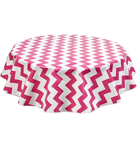 Round Oilcloth Tablecloth in Chevron Pink