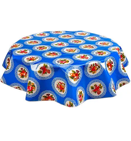 Round Oilcloth Tablecloth in Doily Blue