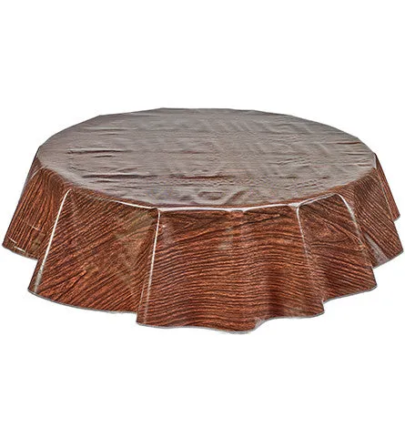 Round Oilcloth Tablecloth in Faux Bois Teak