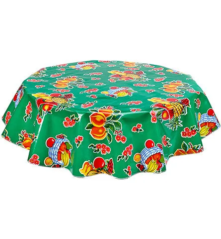 Round Oilcloth Tablecloth in Fruit Basket Green