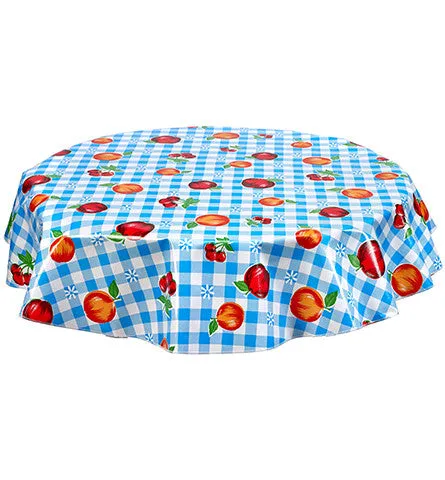 Round Oilcloth Tablecloth in Gingham and Fruit Light Blue