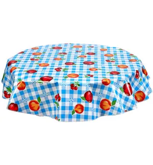 Round Oilcloth Tablecloth in Gingham and Fruit Light Blue