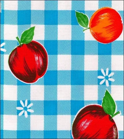 Round Oilcloth Tablecloth in Gingham and Fruit Light Blue