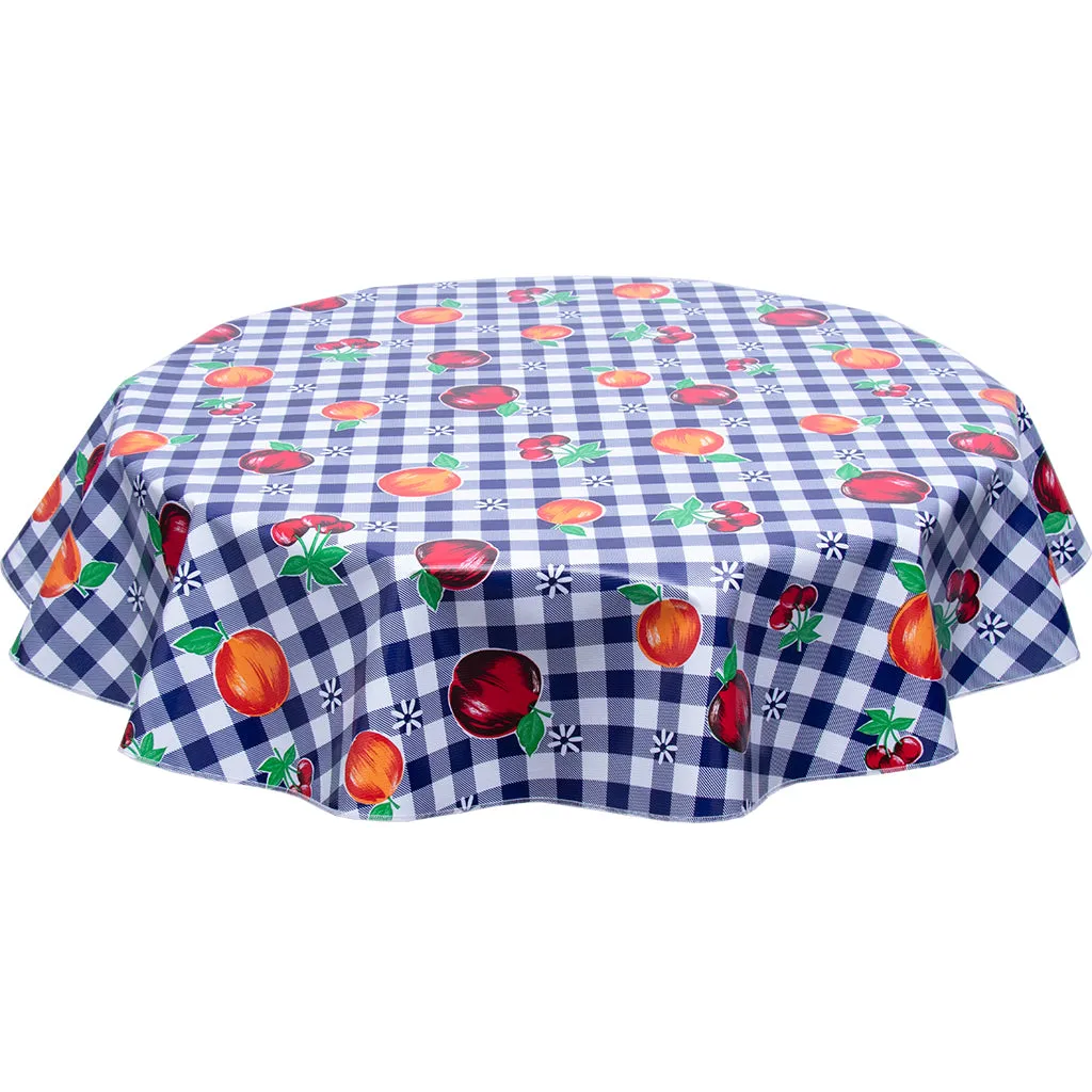 Round Oilcloth Tablecloth in Gingham and Fruit Navy