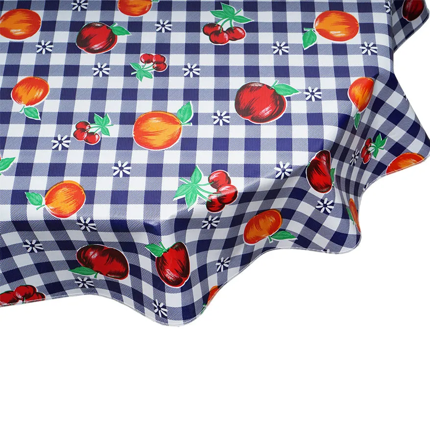 Round Oilcloth Tablecloth in Gingham and Fruit Navy