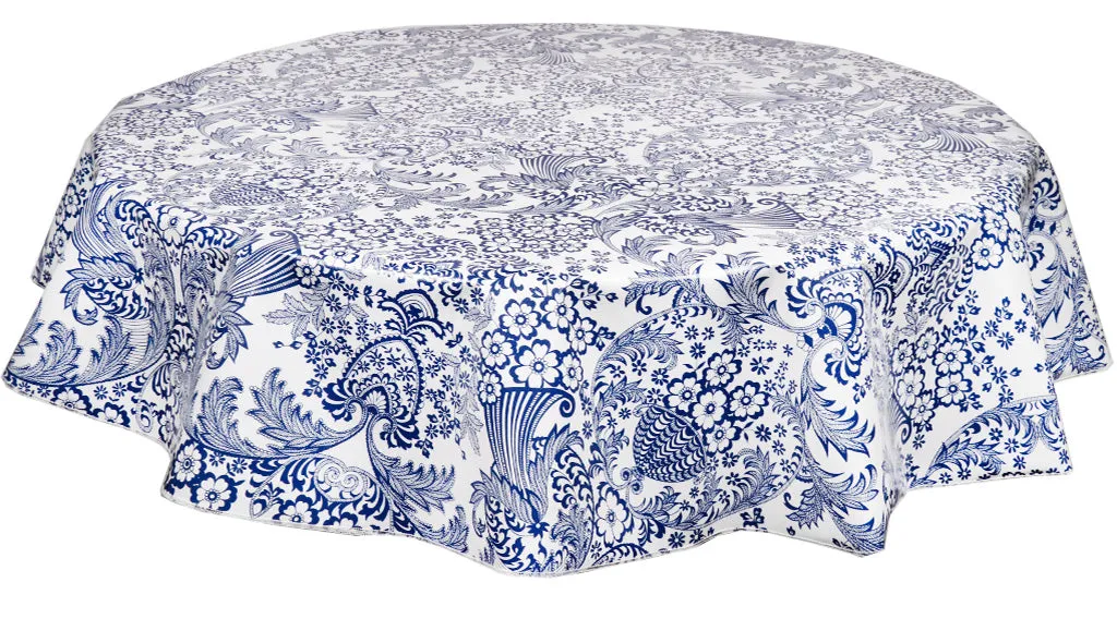 Round Oilcloth Tablecloth in Toile Blue