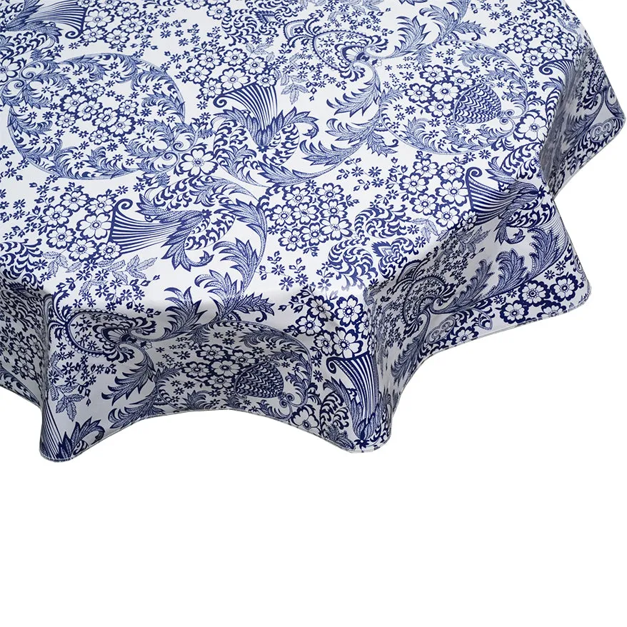 Round Oilcloth Tablecloth in Toile Blue