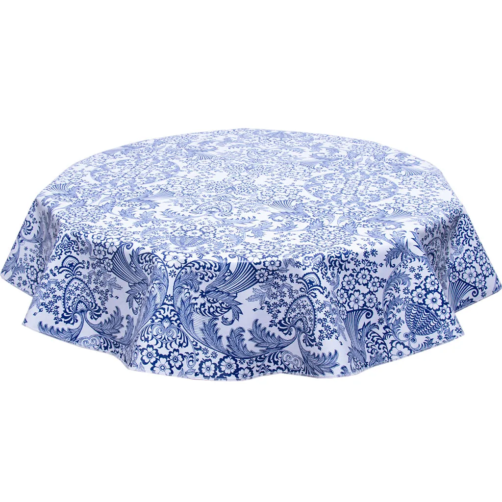 Round Oilcloth Tablecloth in Toile Blue