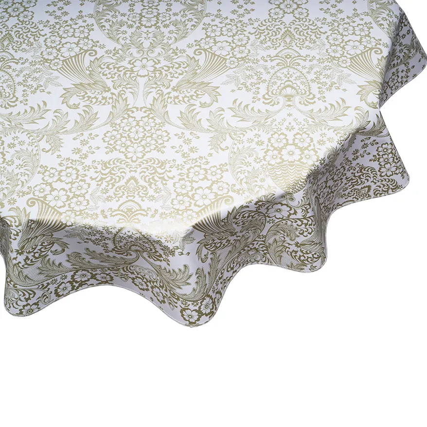 Round Oilcloth Tablecloth in Toile Gold