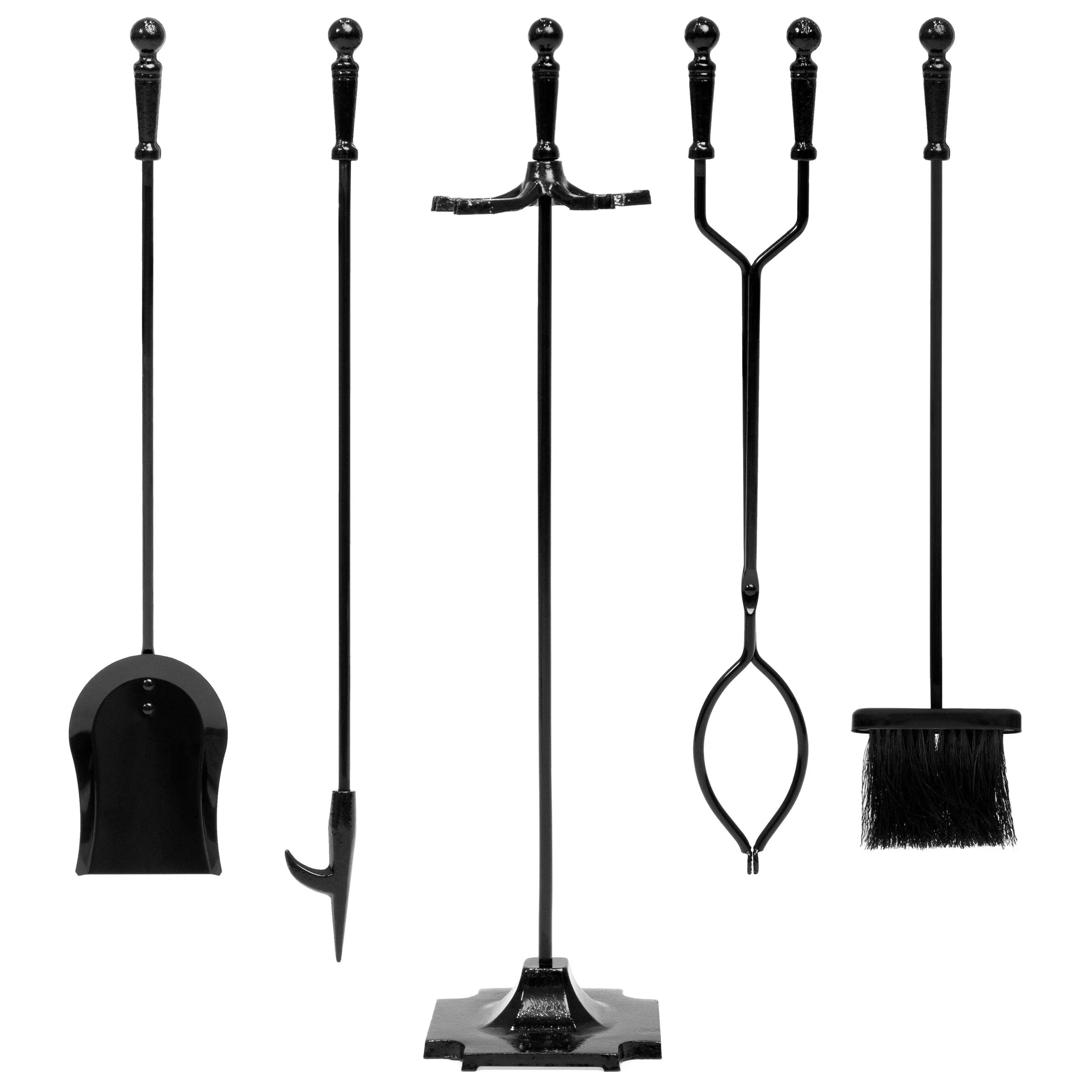 Rustic 5-Piece Iron Fireplace Tool Set w/ Tongs, Poker, Broom, Shovel, Stand