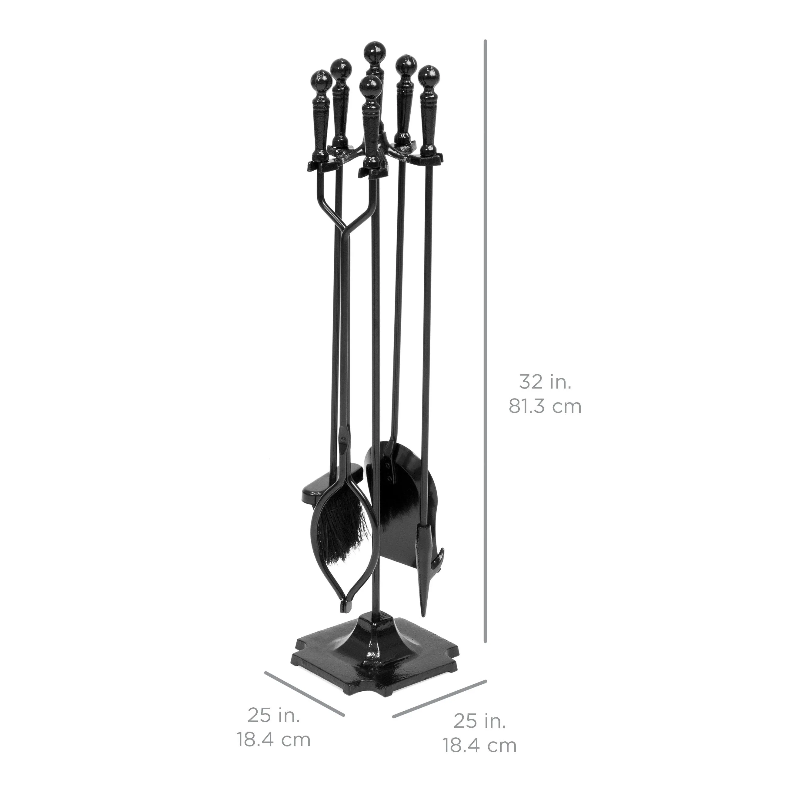 Rustic 5-Piece Iron Fireplace Tool Set w/ Tongs, Poker, Broom, Shovel, Stand